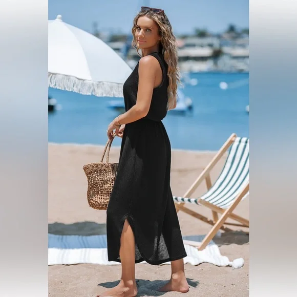 NWT Black Round Neck Sleeveless Dolphin Hem Midi Dress - Picture 3 of 4